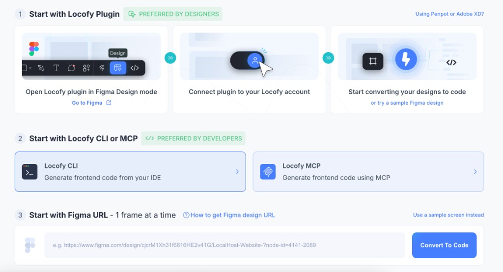 Locofy dashboard get-started page with Locofy CLI workflow option