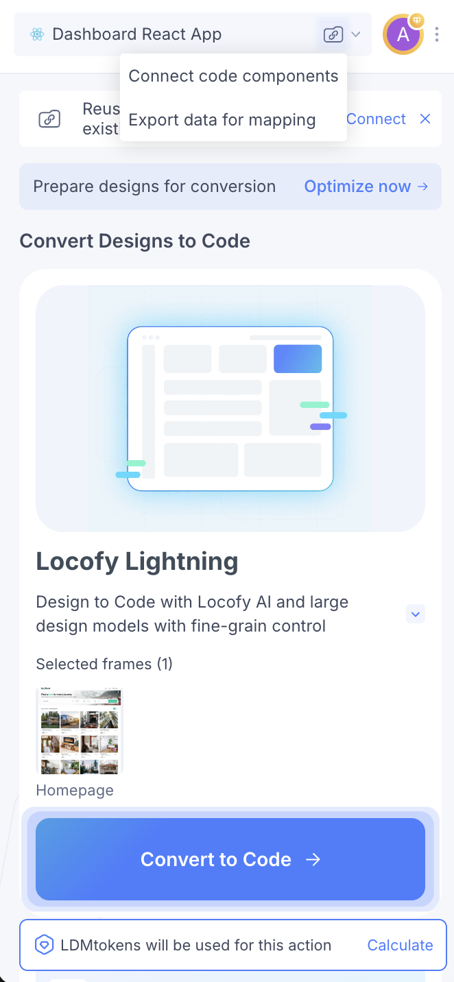 Locofy plugin: folder menu with Custom component library and Export data for mapping