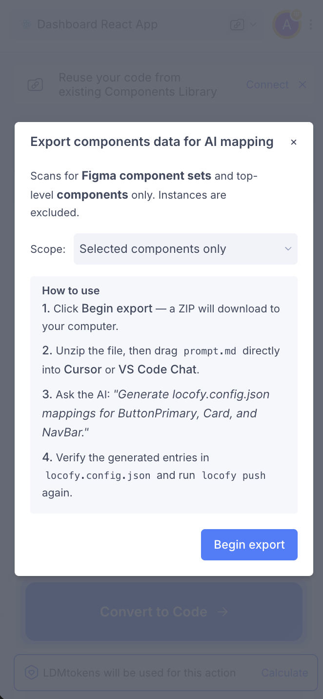 Locofy plugin: export scope options such as components, entire page, or whole file