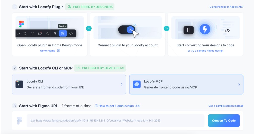Locofy dashboard get-started page with Locofy MCP workflow option highlighted