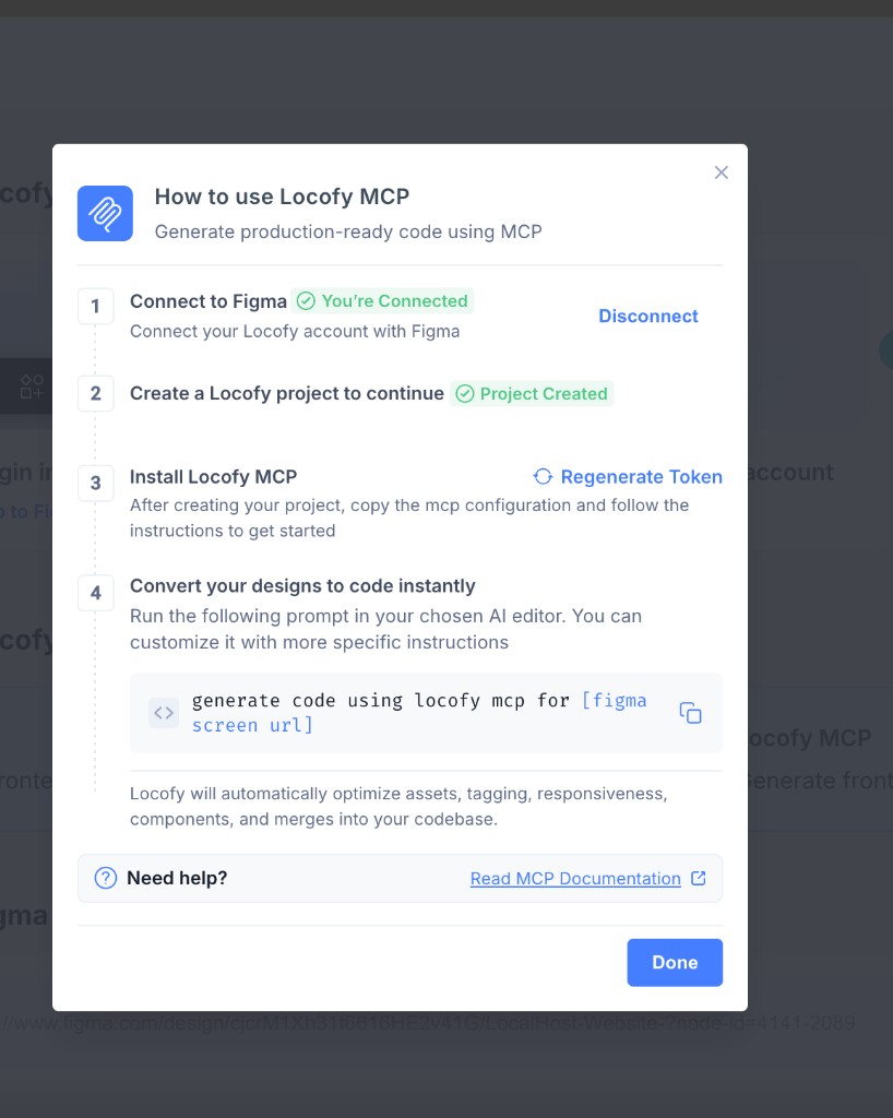 Completed Locofy MCP setup with generation prompt