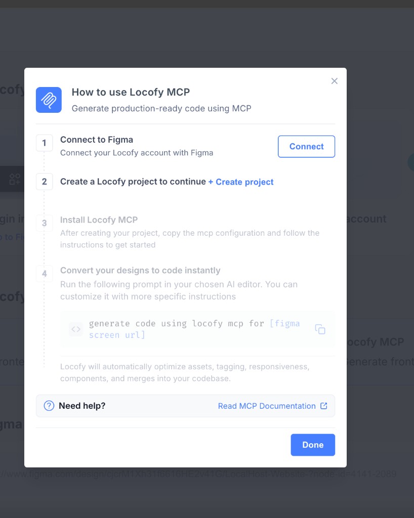 How to use Locofy MCP setup guide showing Connect to Figma step