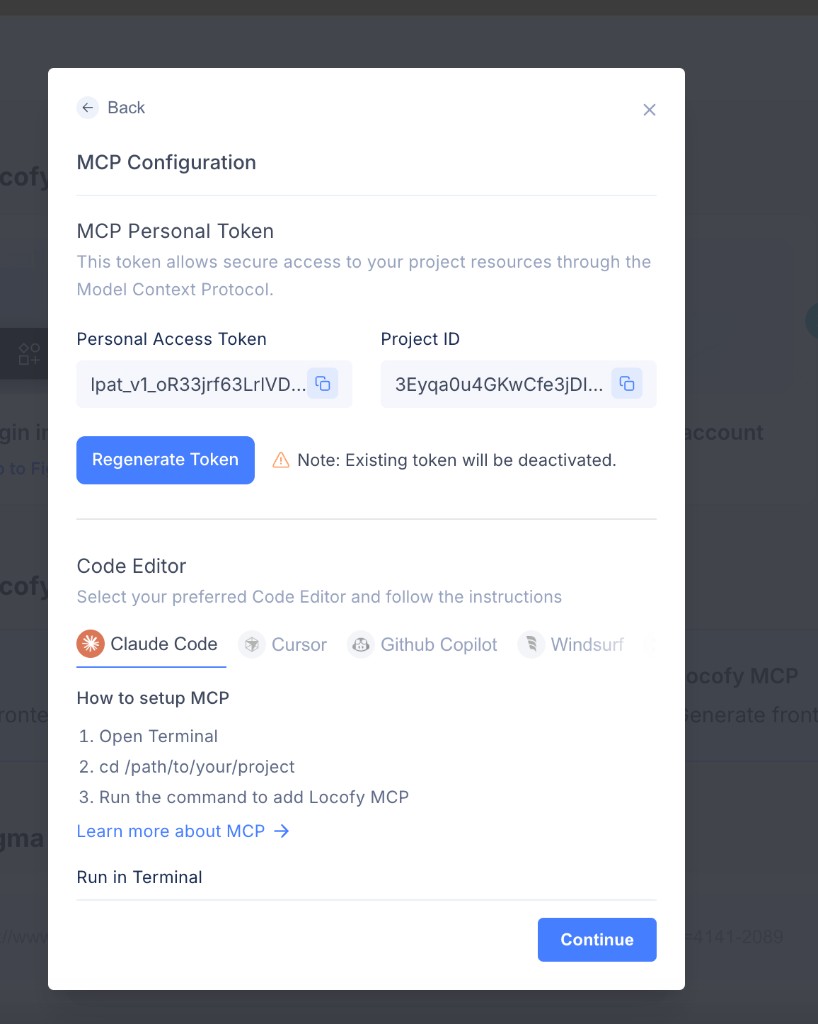MCP Configuration modal with personal access token, project ID, and code editor setup instructions